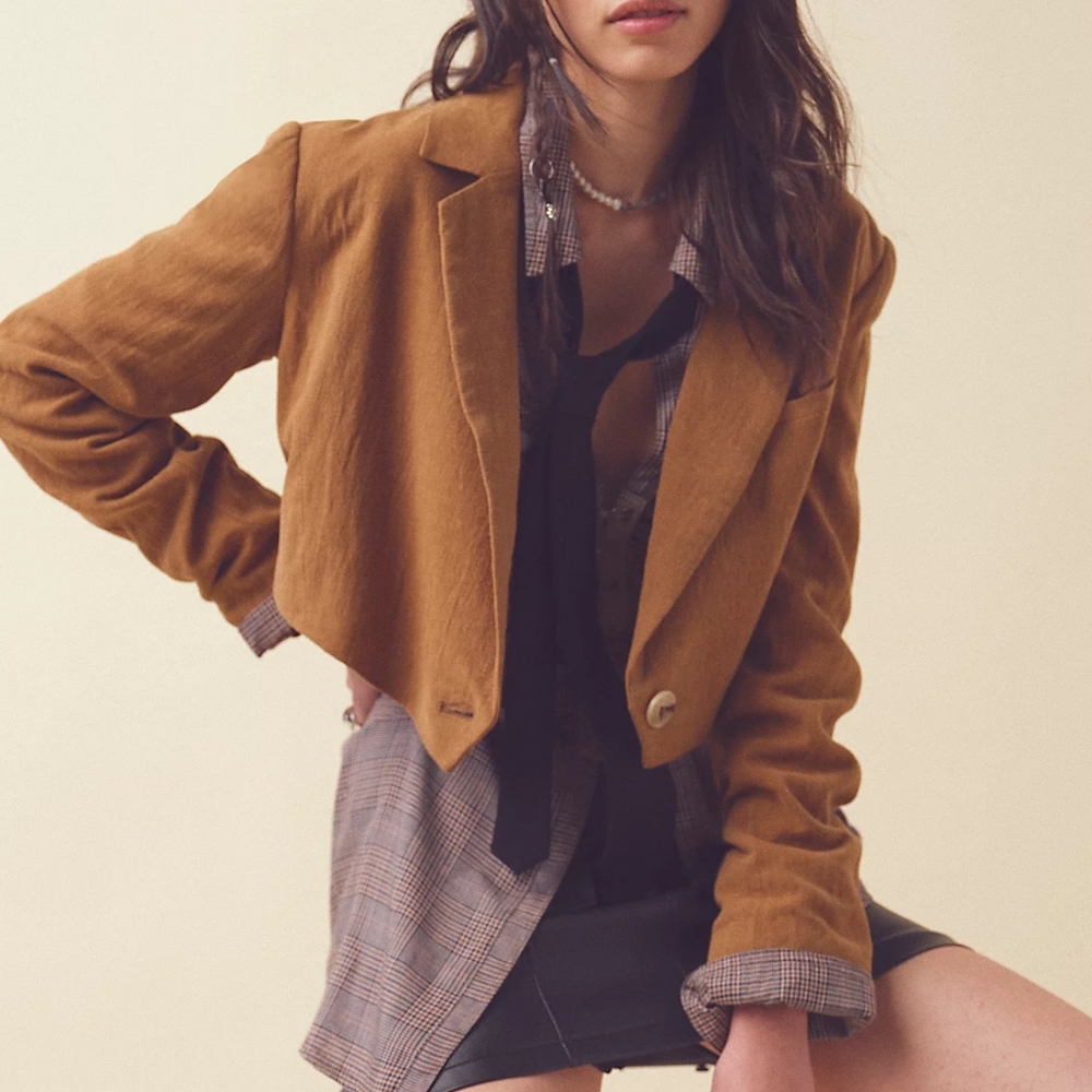 NWT Free People Olive Leaf Brown Coco Cropped Linen Blend Blazer XS - Picture 5 of 5